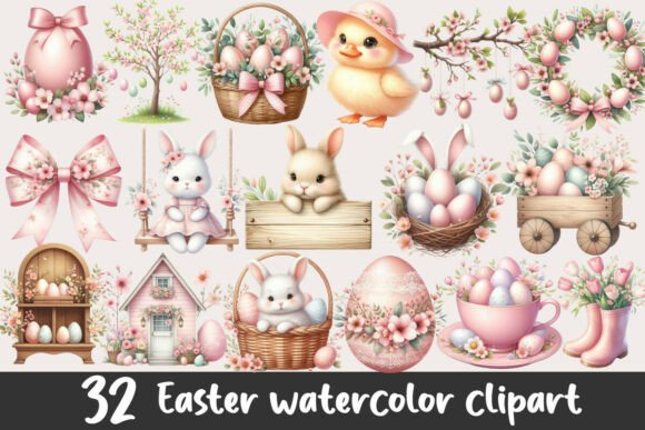 Download Pink Easter Watercolor Clipart Bundle - Clipart Collection