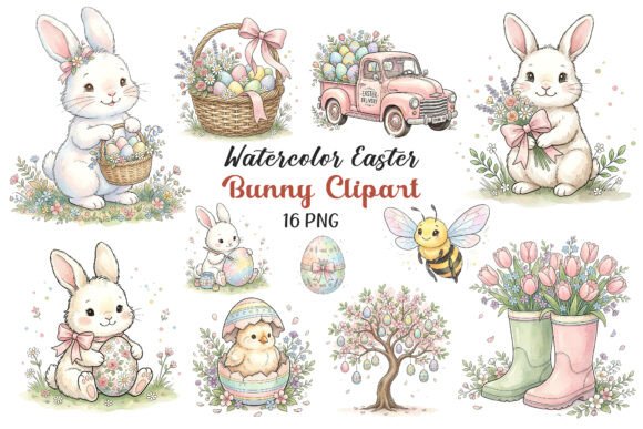 Download Watercolor Easter Bunny Clipart 16 PNGs - Clipart Collection